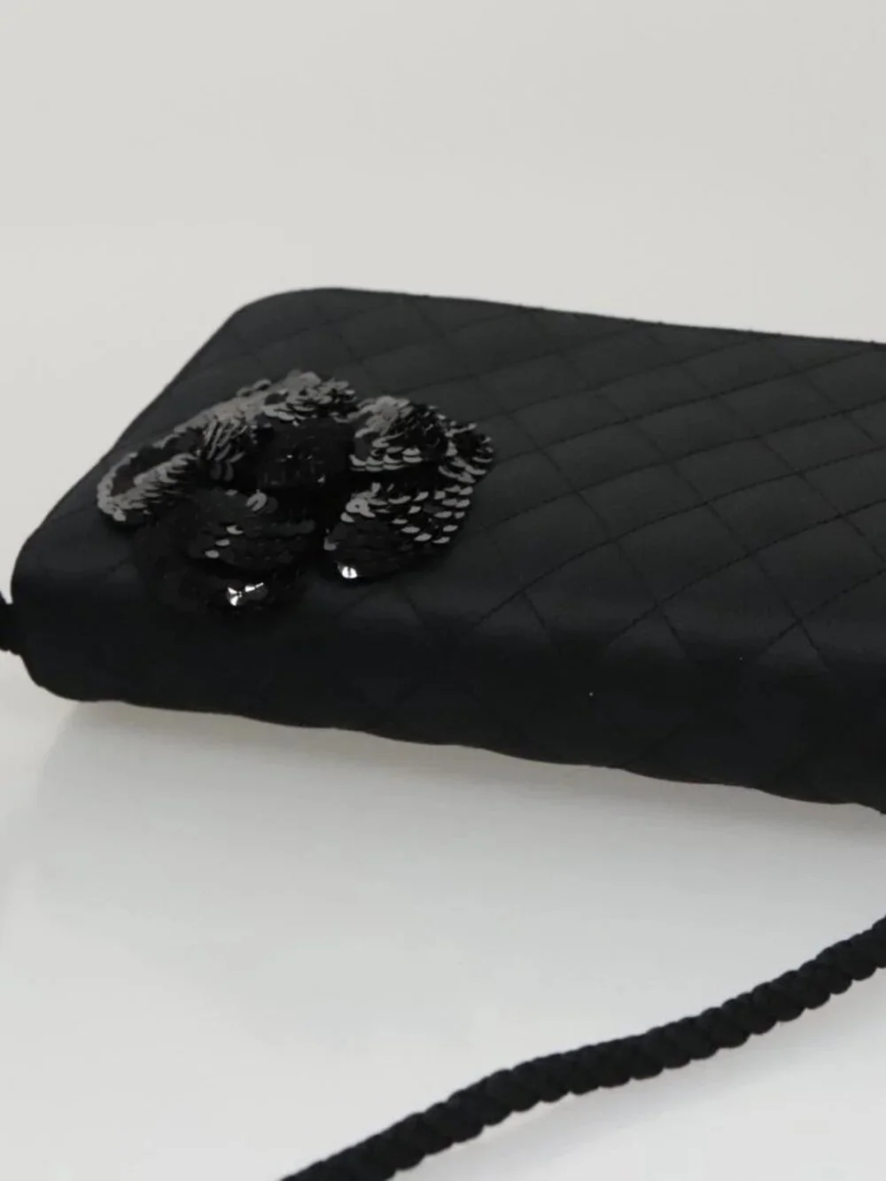 CHANEL Matelasse Sequin Flower Shoulder Bag Satin Black CC Auth 99855V